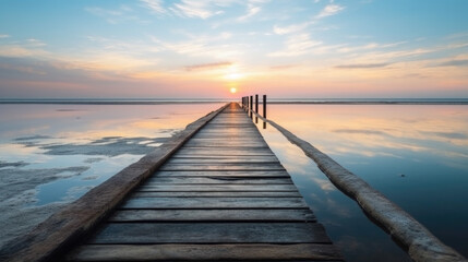 Fototapeta na wymiar an empty pier into the blue sea with a sunset on a calm day. Generative AI