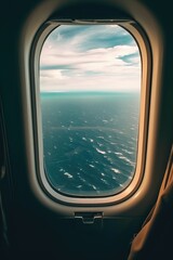 Fototapeta premium View from the porthole of an airplane on the sea and sky. generative AI