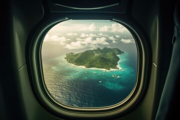 View from the porthole of an airplane on the tropical island. generative AI