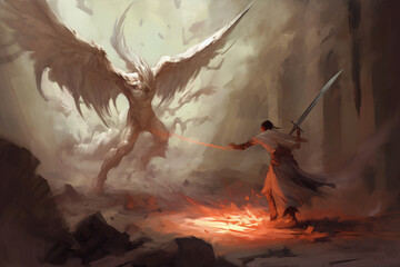 Battle between an angel and a demon. This artwork brings to life the eternal struggle between good and evil, showcasing the intensity, power, and ethereal beauty. Ai generated