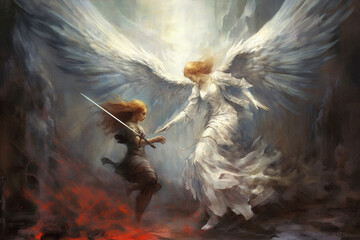 Battle between an angel and a demon. This artwork brings to life the eternal struggle between good and evil, showcasing the intensity, power, and ethereal beauty. Ai generated