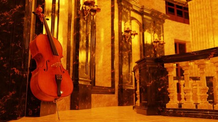 cello in the palace interior, blurred focus, background for classical music, 3d rendering © Andrei