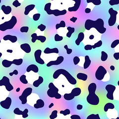 Fototapeta na wymiar Trendy Neon Leopard seamless pattern. Vector rainbow wild animal leo skin, cheetah texture with black white spots on rainbow gradient for fashion print design, textile, wrapping paper, backgrounds