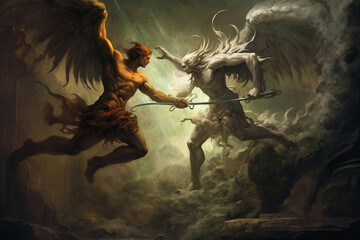 Battle between an angel and a demon. This artwork brings to life the eternal struggle between good and evil, showcasing the intensity, power, and ethereal beauty. Ai generated