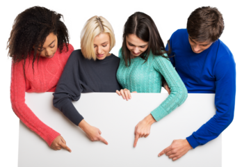 Group of young people holding and showing blank banner