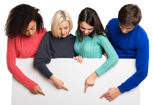 Group of young people holding and showing blank banner