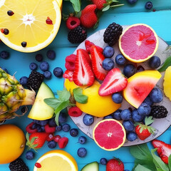 A composition of various colorful summer fruits, orange, strawberry, blueberry, peach, on a plate on the table, Generative AI, generative artificial intelligence