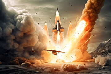 Fighter jet engaged in a high-stakes aerial battle. jet maneuvers through the skies with unmatched prowess and determination. Ai generated - obrazy, fototapety, plakaty