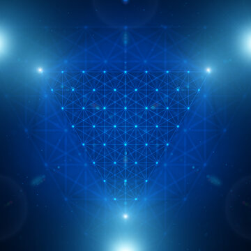 New age sacred geometry. Time, matter and technology in space. Abstract illustration in blue color.