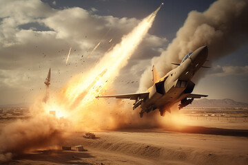 Fighter jet engaged in a high-stakes aerial battle. jet maneuvers through the skies with unmatched prowess and determination. Ai generated