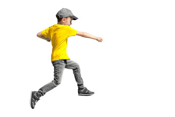 a boy jumps on a transparent background in a yellow t-shirt