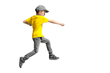 a boy jumps on a transparent background in a yellow t-shirt