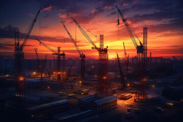 Construction site bathed in the warm glow of a mesmerizing sunset. Witness the colossal presence of giant construction cranes reaching towards the sky. Ai generated
