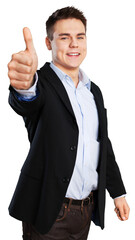 smiling young man giving a thumbs up