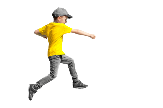 a boy jumps on a transparent background in a yellow t-shirt