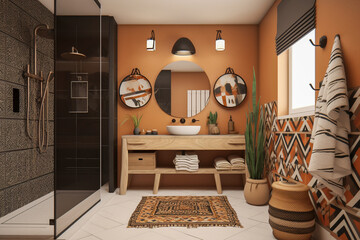Cozy bathroom with plants. Orange, green and black colors. African eco interior design. Super photo realistic background, generative ai illustrarion