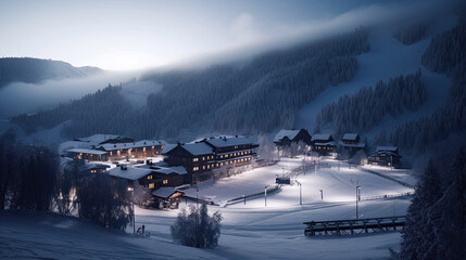 Fototapeta premium winter resort with lots of snow. ski and sledding holiday concept. Generative AI