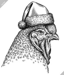 Vintage engraving isolated chicken set dressed christmas illustration rooster ink santa costume sketch. Farm fowl background hen bird silhouette cock new year hat art. Hand drawn vector image © Turaev