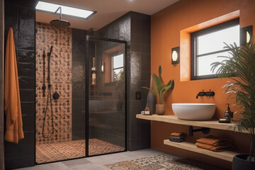 Cozy bathroom with plants. Orange, green and black colors. African eco interior design. Super photo realistic background, generative ai illustrarion