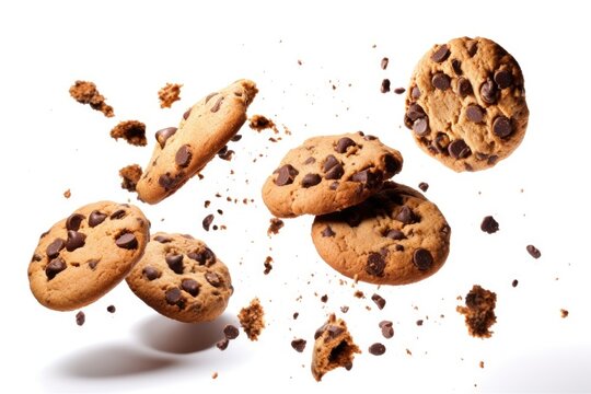Chocolate chip cookies flying on a white background, isolate cookies for illustration. Generative AI