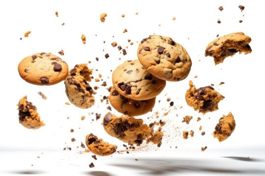 Chocolate chip cookies flying on a white background, isolate cookies for illustration. Generative AI