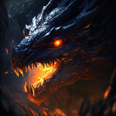 Black dragon with razor sharp teeth fire illustration image AI generated art