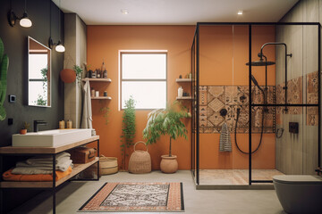 Cozy bathroom with plants. Orange, green and black colors. African eco interior design. Super photo realistic background, generative ai illustrarion