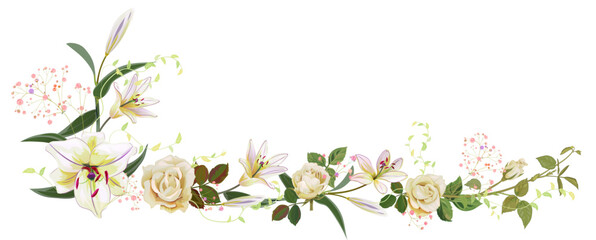Panoramic view: bouquet of white roses, lilies, spring blossom. Horizontal border for Mothers Day or wedding invitation. Gentle realistic illustration in watercolor style on light background. Vector
