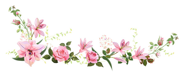 Fototapeta na wymiar Panoramic view: bouquet of pink roses, lilies, spring blossom. Horizontal border for Mothers Day or wedding invitation. Gentle realistic illustration in watercolor style on white background. Vector