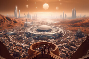 The Futuristic Martian Metropolis. Breathtaking futuristic city built on the vast Martian landscape. Visionary world where humanity has established a thriving metropolis on Mars. Ai generated
