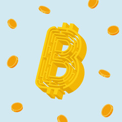 The golden maze Bitcoin sign 3 dimension with the golden coins.