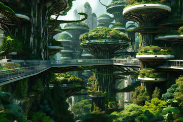 Fototapeta premium Illustration that envisions a futuristic green city, where sustainable technology and nature harmoniously coexist. Ai generated