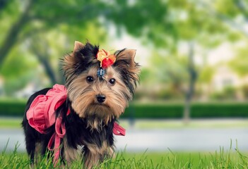 A smiling little dog puppy in a green meadow