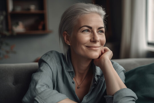 Smiling and relaxed mid-aged woman resting on the sofa in her comfortable home after a hard day at the office. Generative AI