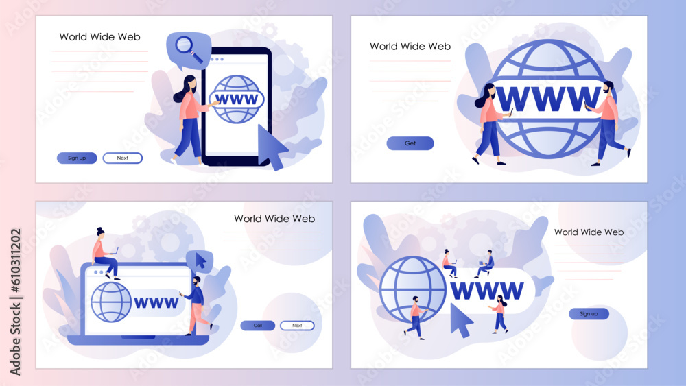 Poster world wide web. globe internet search concept. www icon. tiny people looking for information on webs