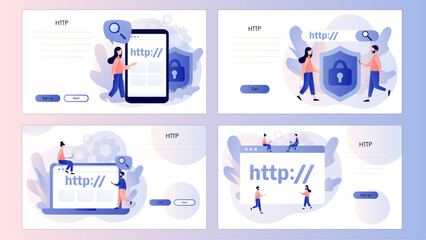 Hypertext Transfer Protocol concept. HTTP data web page. Web browser. Internet communication protocol. Screen template for landing page, template, ui, web, mobile app, poster, banner, flyer. Vector 