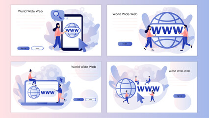 World wide web. Globe internet search concept. WWW icon. Tiny people looking for information on websites. Screen template for landing page, template, ui, web, mobile app, poster, banner, flyer. Vector