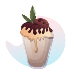 Illustration of ice cream sprinkled with chocolate and mint on white background. sweet food icon concept isolated . flat cartoon style