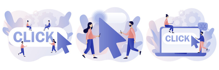Fototapeta premium Click here button. Cursor pointer sign. Tiny people with huge mouse arrow click. Internet concept. Modern flat cartoon style. Vector illustration on white background 