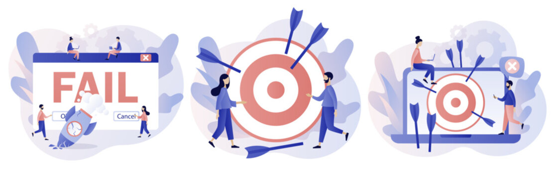 Fail start up business. Not hit target, arrows around, crash launching space rocket metaphor business failure. Unsuccessful businessman. Modern flat cartoon style. Vector illustration 