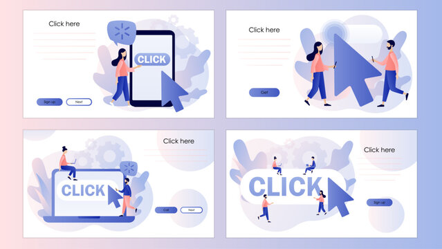 Click here button. Cursor pointer sign. Tiny people with huge mouse arrow click. Internet concept. Screen template for landing page, template, ui, web, mobile app, poster, banner, flyer. Vector 
