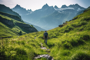 Obraz premium Man hiking on a mountain trail, surrounded by the majestic peaks of nature. This artwork captures the spirit of adventure, perseverance, and the indescribable beauty of mountains. Ai generated
