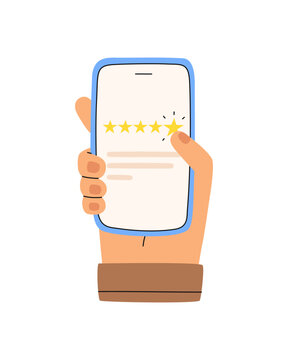 Consumer feedback. Hand clicks on a five star rating. Client leaves a positive review. Flat cartoon vector illustration.