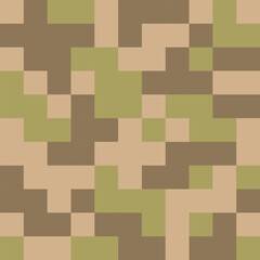 Pixel pattern for military camouflage in beige and green color for seamless background. Three colors