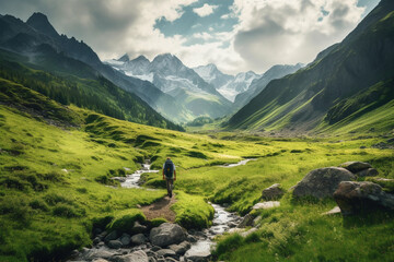 Fototapeta na wymiar Man hiking on a mountain trail, surrounded by the majestic peaks of nature. This artwork captures the spirit of adventure, perseverance, and the indescribable beauty of mountains. Ai generated
