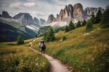 Obraz premium Man hiking on a mountain trail, surrounded by the majestic peaks of nature. This artwork captures the spirit of adventure, perseverance, and the indescribable beauty of mountains. Ai generated