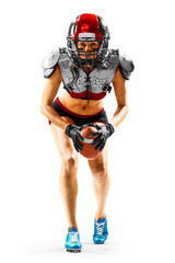 female american football player in uniform and jersey T-shirt posing with helmet isolated on white background