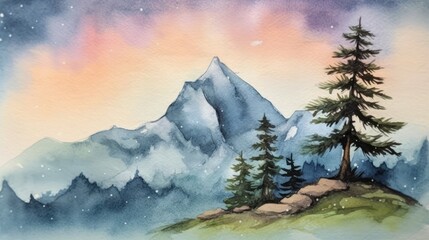 Naklejka na ściany i meble Watercolor painting of a mountains and pine tree. Generative AI