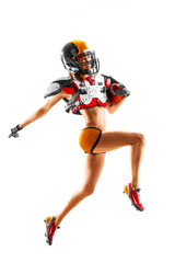female american football player in uniform and jersey T-shirt posing with helmet isolated on white background