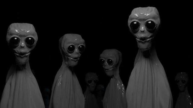 Aliens with a big eyes in a darkness.
Moving slow. 3D render animation 
